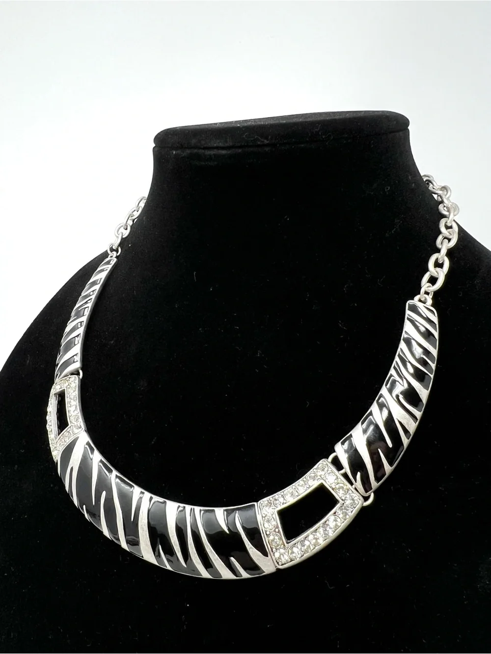 Vintage Silver Collar Necklace with Black Zebra Stripes